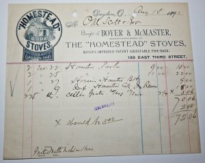 1891 BOYER & McMASTER Homestead Cook Stove DAYTON Ohio Letterhead