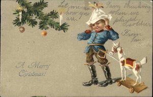 Christmas Little Boy in Play Soldier Uniform Horse Pull Toy c1910 Postcard
