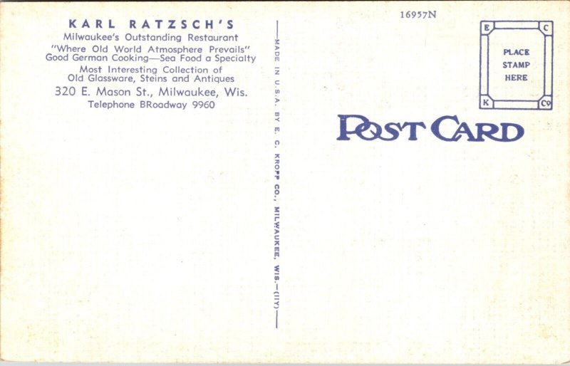 Linen Postcard Karl Ratzsch's Restaurant 320 E. Mason Street Milwaukee Wisconsin