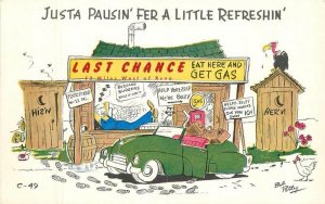 1950s Petley Gas Station roadside Comic humor artist impression Postcard 22-8432