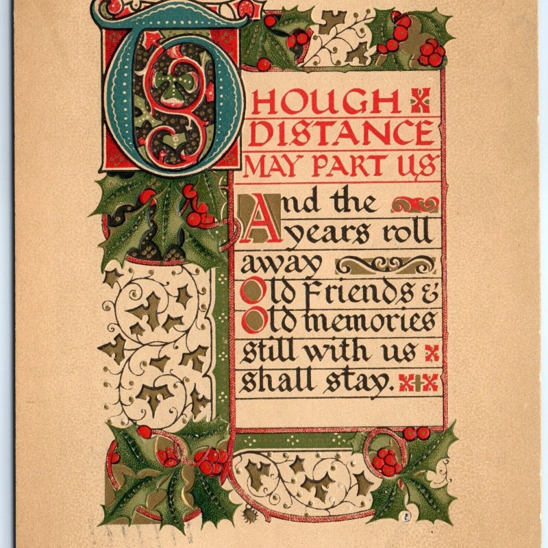 c1910s Embossed Longing Poem Holly Berry Xmas Art Nouveau Blodgett Postcard A145