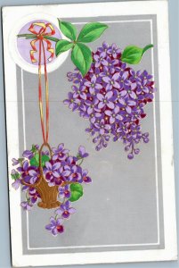 postcard bunch of violets hanging basket of violets - posted 1909