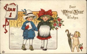 New Year Stecher Ser 56A Little Boy and Girl Winter Scene Vintage Postcard