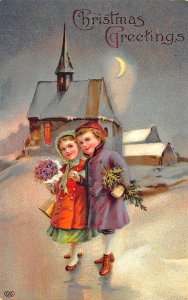 Christmas Greetings Boy and Girl Church Moon Postcard