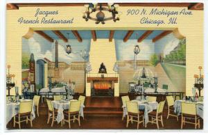 Jacques French Restaurant Interior Chicago Illinois linen postcard