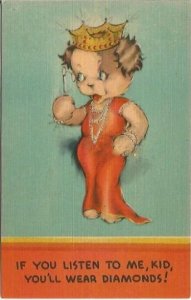 Vintage Linen Postcard, Voluptuous Girl Dog Wearing Tiara Crown and Spectacles