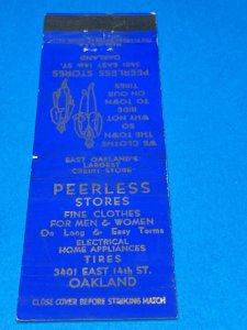 Vintage MATCHBOOK COVER: PEERLESS STORES Oakland, California MB160