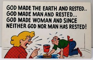 Comic God Made Earth & Man and Rested Since Women God nor Man Rested Postcard A4