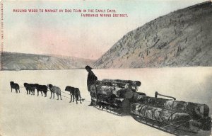 HAULING WOOD DOG SLED FAIRBANKS MINING DISTRICT ALASKA POSTCARD (c. 1910)