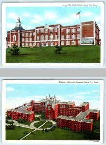 2 Postcards IOWA CITY, IA ~ High School & UNIVERSITY HOSPITAL c1940s Linens