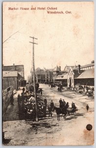 Postcard Woodstock Ontario c1910s Market House and Hotel Oxford Horse Buggies