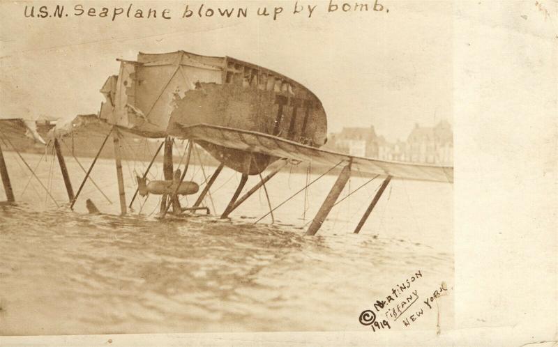 US NAVY SEAPLANE BLOWN UP by BOMB ANTIQUE REAL PHOTO POSTCARD RPPC airplane