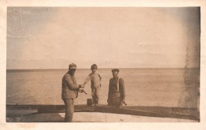 Vintage Postcard 1910's Fishermen Ready For Fishing Little Boy Photograph