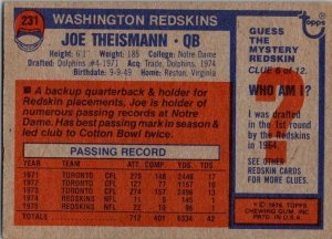 1976 Topps Football Card Joe Theismann Washington Redskins sk4467