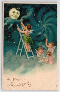 Anthropomorphic Moon Top Hat Angels Cherubs Toasting The New Year Postcard O23