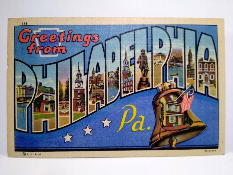 Greetings From Philadelphia PA Large Big Letter Postcard Linen Liberty Bell 1952 