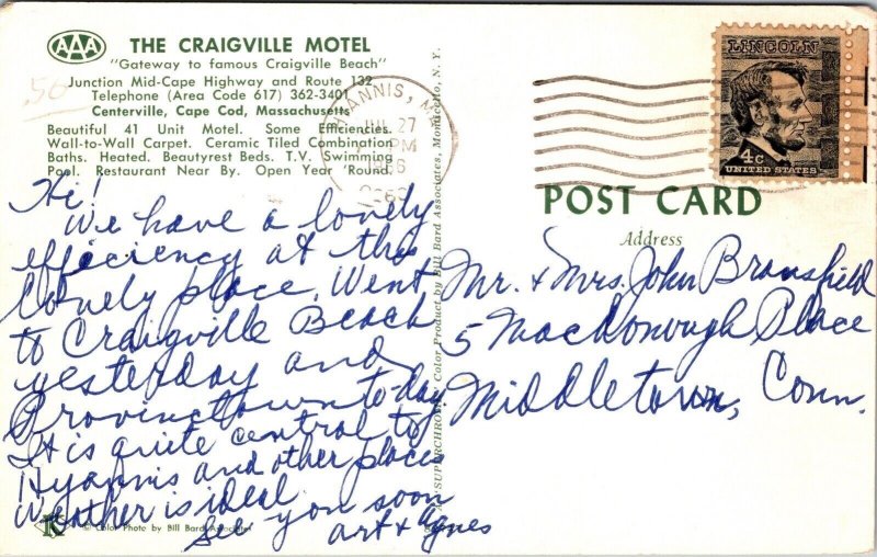 Craigville Motel Swimming Pool Centerville Cape Cod MA Postcard PM Hyannis MA 4c 