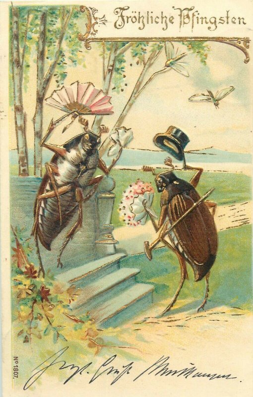Pentecost very embossed elegant humanized beetle bugs 1903 fantasy postcard