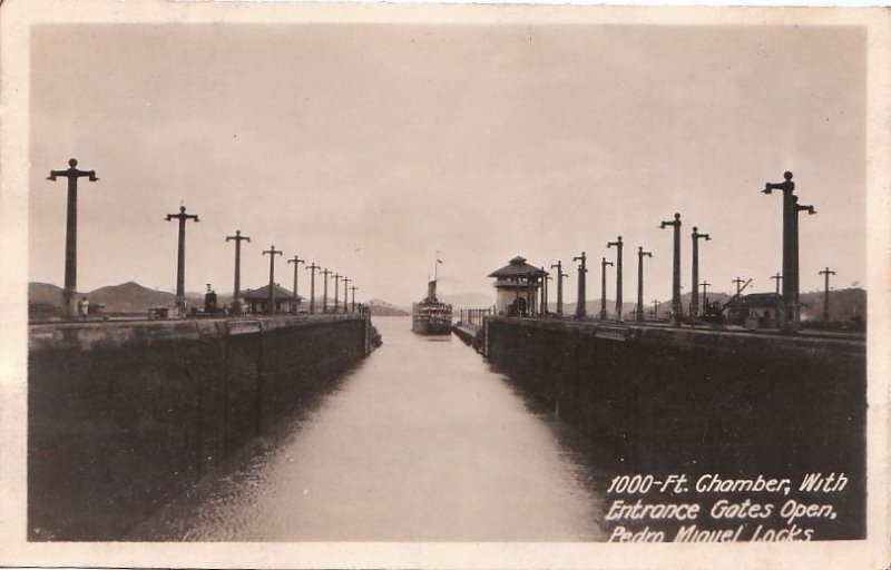 Postcard RPPC 1000 Ft Chamber Entrance Gates Pedro Miguel Locks Panama Canal