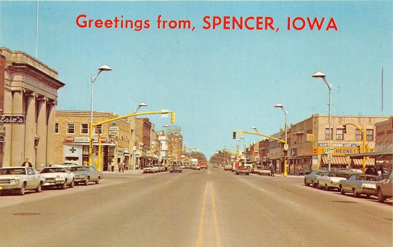 Spencer Iowa~Street Scene~Storefronts & Signs~Bank~Coca-Cola~Cars-Trucks~1970s