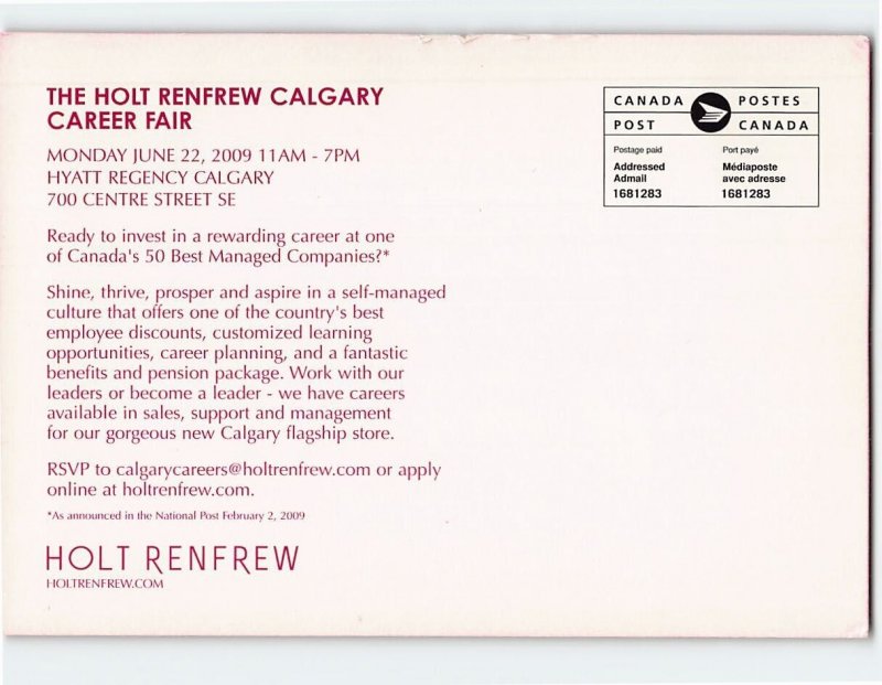 Postcard The Hold Renfrew Calgary Career Fair, Hyatt Regency Calgary, Canada