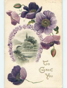 Divided-Back BEAUTIFUL MAUVE FLOWERS & RIVER SCENE o8891