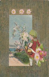 EASTER, 1900-10s; Girl holding basket of chicks& bouquet of flowers on a road