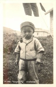 RPPC Postcard Samll Fry Little Eskimo Boy Smokes Pipe Unalaksa AK