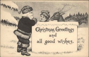Christmas Santa Claus with Reindeer and Pretty Girl Pencil Art c1910 Postcard