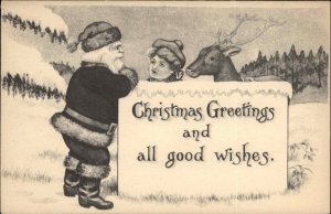 Christmas Santa Claus with Reindeer and Pretty Girl Pencil Art c1910 Postcard
