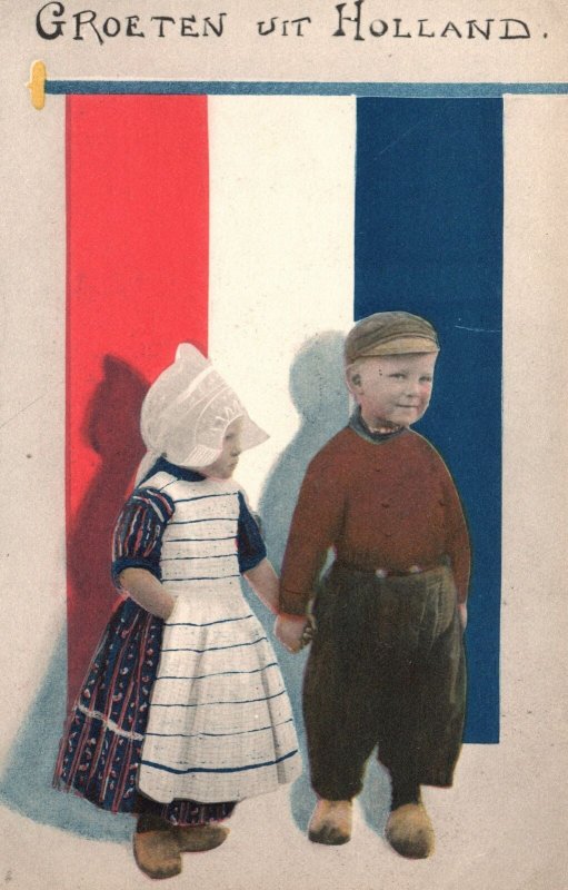 Vintage Postcard  1910's Groeten Uit Holland Dutch Children Boy Girl Netherlands