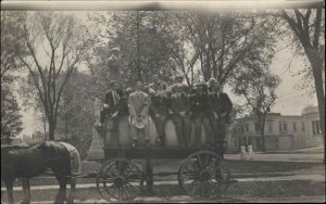 Men Water Wagon Monument Behind Them Plymouth NH Written on Back RPPC