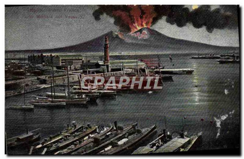 Vintage Postcard Volcano Napoli E Oporto militare collar Vesuvo Boats