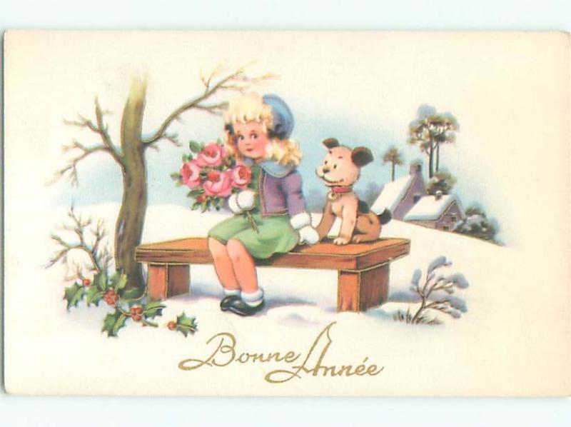 foreign Old Postcard ADORABLE DOG ON BENCH WITH CUTE FRENCH GIRL AC3766