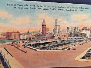 Postcard Railroad Terminals, Northern Pacific, Great Northern, & Pacific.    W4