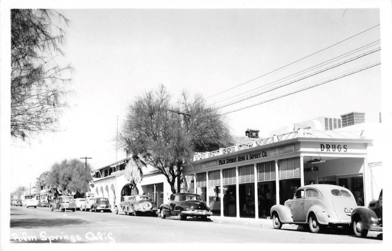 PALM SPRINGS California RPPC Pharmacy Drug Store Cars 1940s Photo Postcard