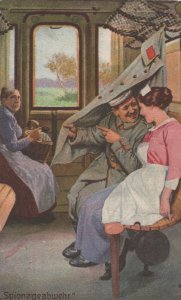 German Soldier & Maid In Train Carriage Military Comic Postcard