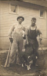 Farmers Men Overalls Bassett Hound Dog Shovel Pickaxe Real Photo c1910 PC