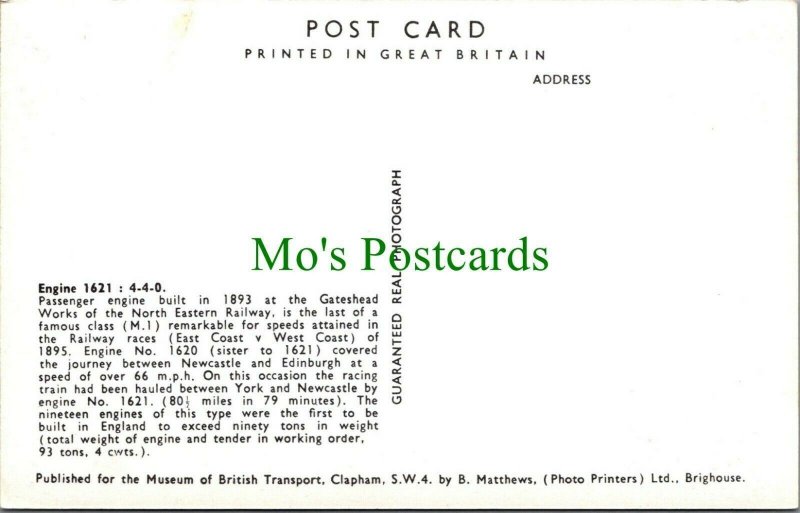 Train Postcard - Passenger Engine 1621 4-4-0, North Eastern Railway RS28961