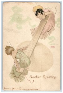 1910 Easter Greetings Girls Playing Seesaw Egg Moline Illinois IL Postcard