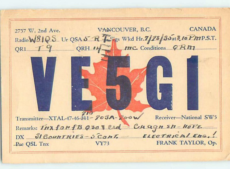 1930s QSL RADIO CARD Vancouver British Columbia BC AH3282