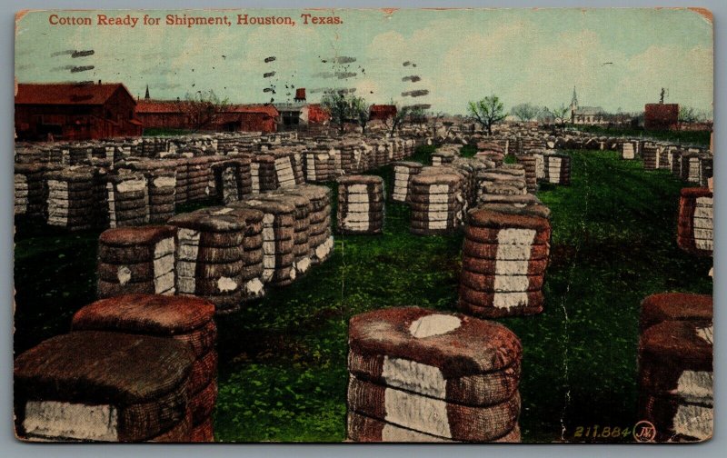 Postcard Houston TX c1910 Cotton Ready For Shipment Bales Split Ring Cancel