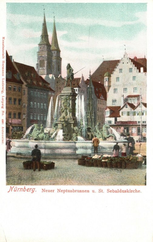 Nurnberg Germany, Neptunbrunnen St. Sebalduskirche Church Vintage Postcard c1900