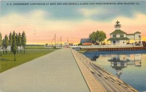 Linen Postcard US Gov't Light House & Seawall Lake Ponchartrain New Orleans LA