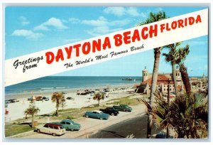 c1960 Greetings From Daytona Beach Florida Classic Cars Antique Vintage Postcard