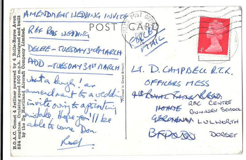 BOAC Comet 4 Jetliner PPC, 1970 Forces Post Office Cancel, Redirected - Lulworth