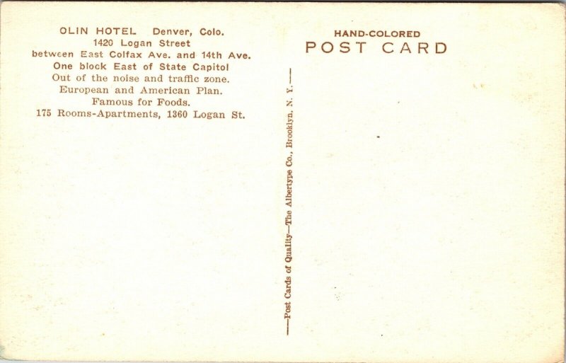 Hand Colored Postcard Olin Hotel in Denver, Colorado~2042