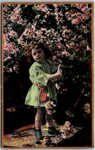 Beautiful Baby Girl Green Dress Flower Garden In Background Postcard