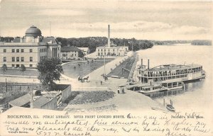 H27/ Rockford Illinois Postcard c1910 Steamship Library River Front Boat