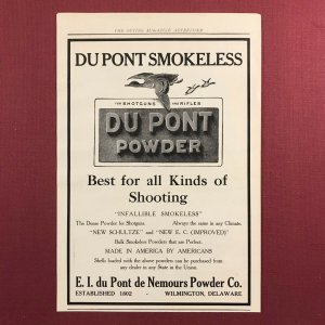 DuPont Smokeless Powder for Shotguns & Rifles Original 1907 Print Ad 2V1-32